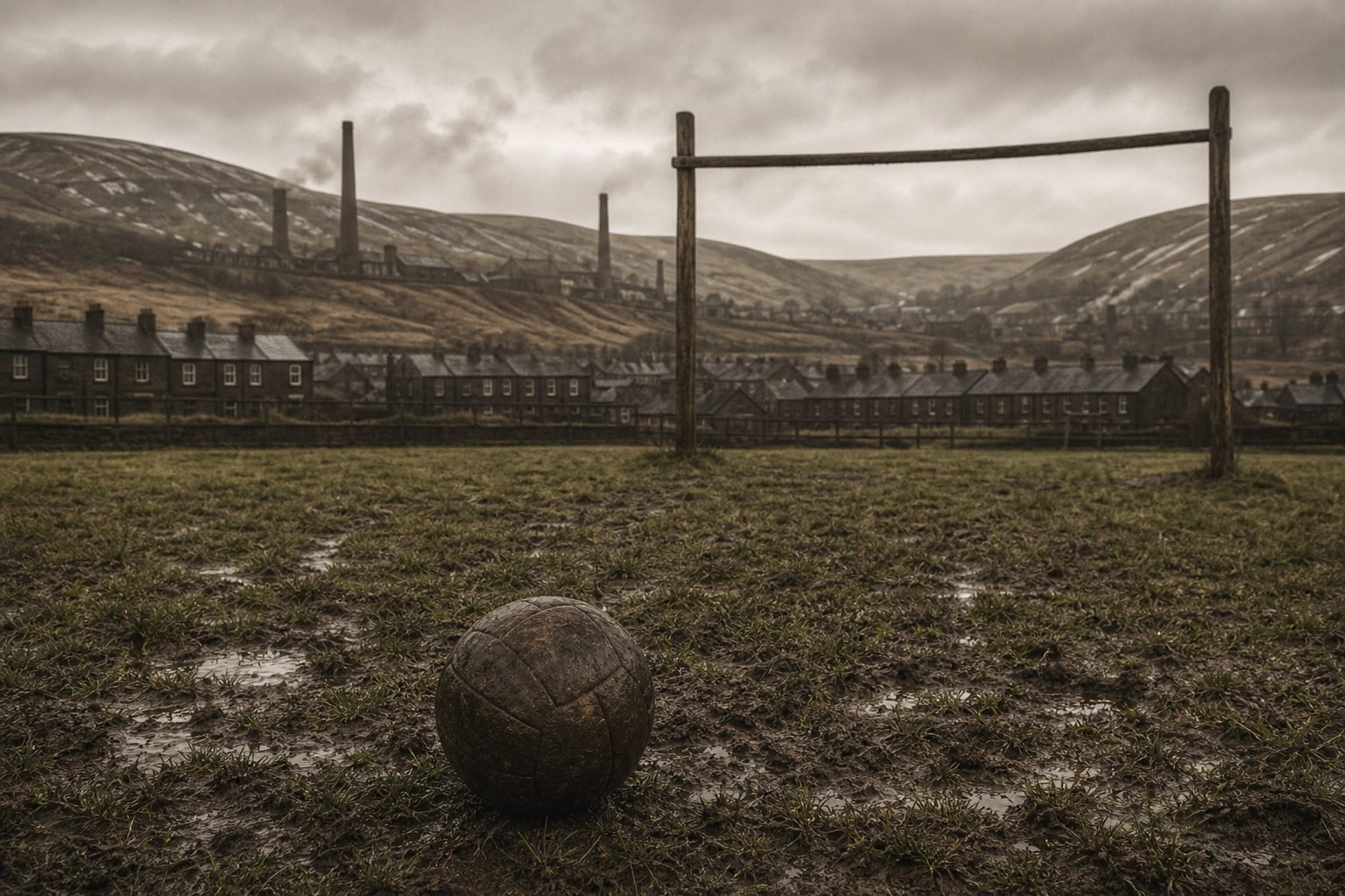 A heavy leather ball on a muddy field below mill chimneys in a Lancashire valley (picture made with AI)
