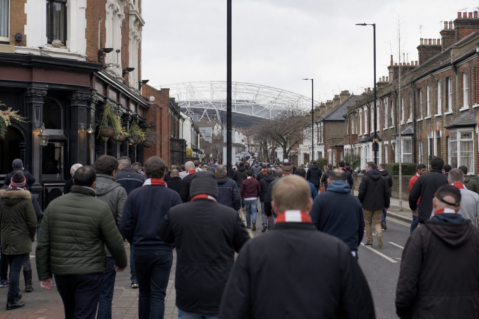 Supporters walk along a north London high street towards a stadium roof (picture made with AI)