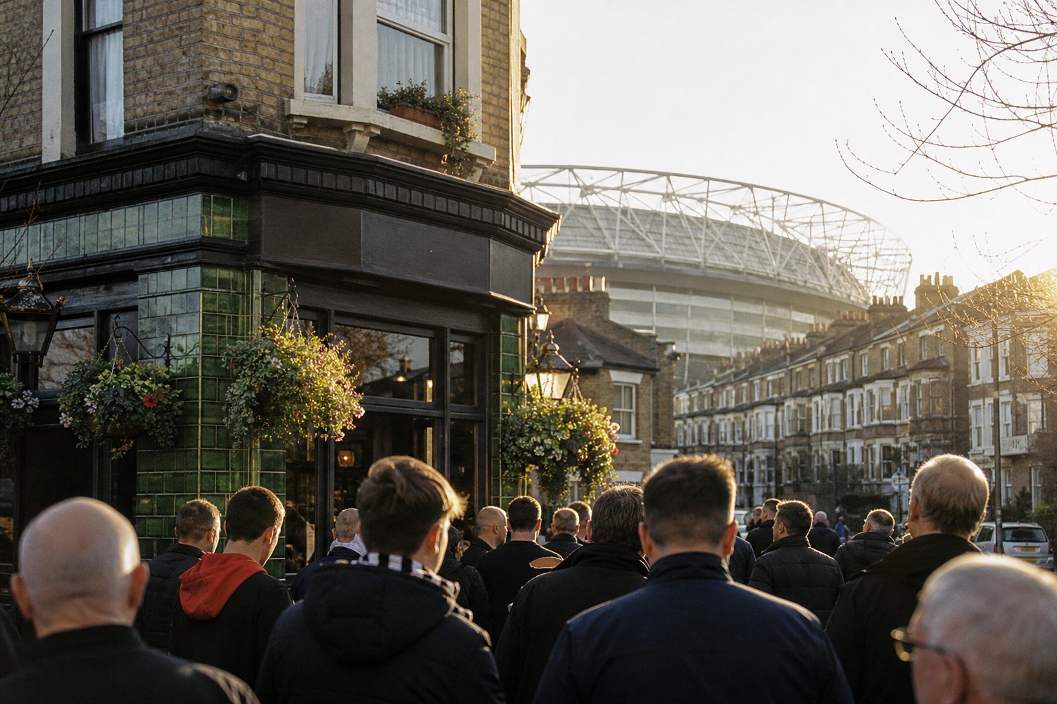Supporters gather outside a tiled corner pub with a stadium roof behind (picture made with AI)