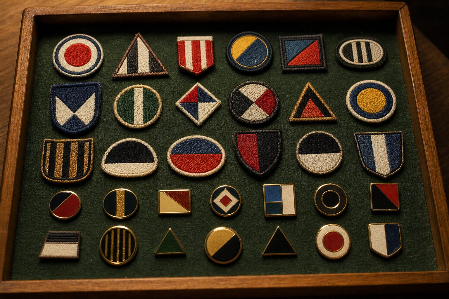A collector's tray of abstract embroidered shirt patches and enamel pin badges (picture made with AI)